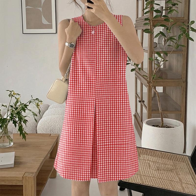 ZANZEA Women Grid Print Casual Round Neck Sleeveless Dress S красный