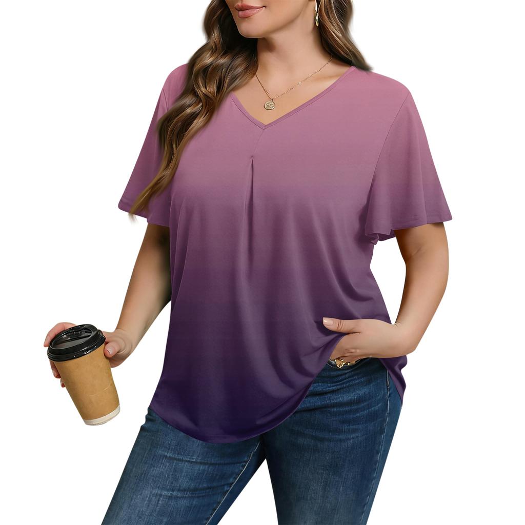 Damska Modna Codzienna Luźna Bluzka Plus Size z Krótkim Rękawem Elegancka z Dekoltem V Do Pracy