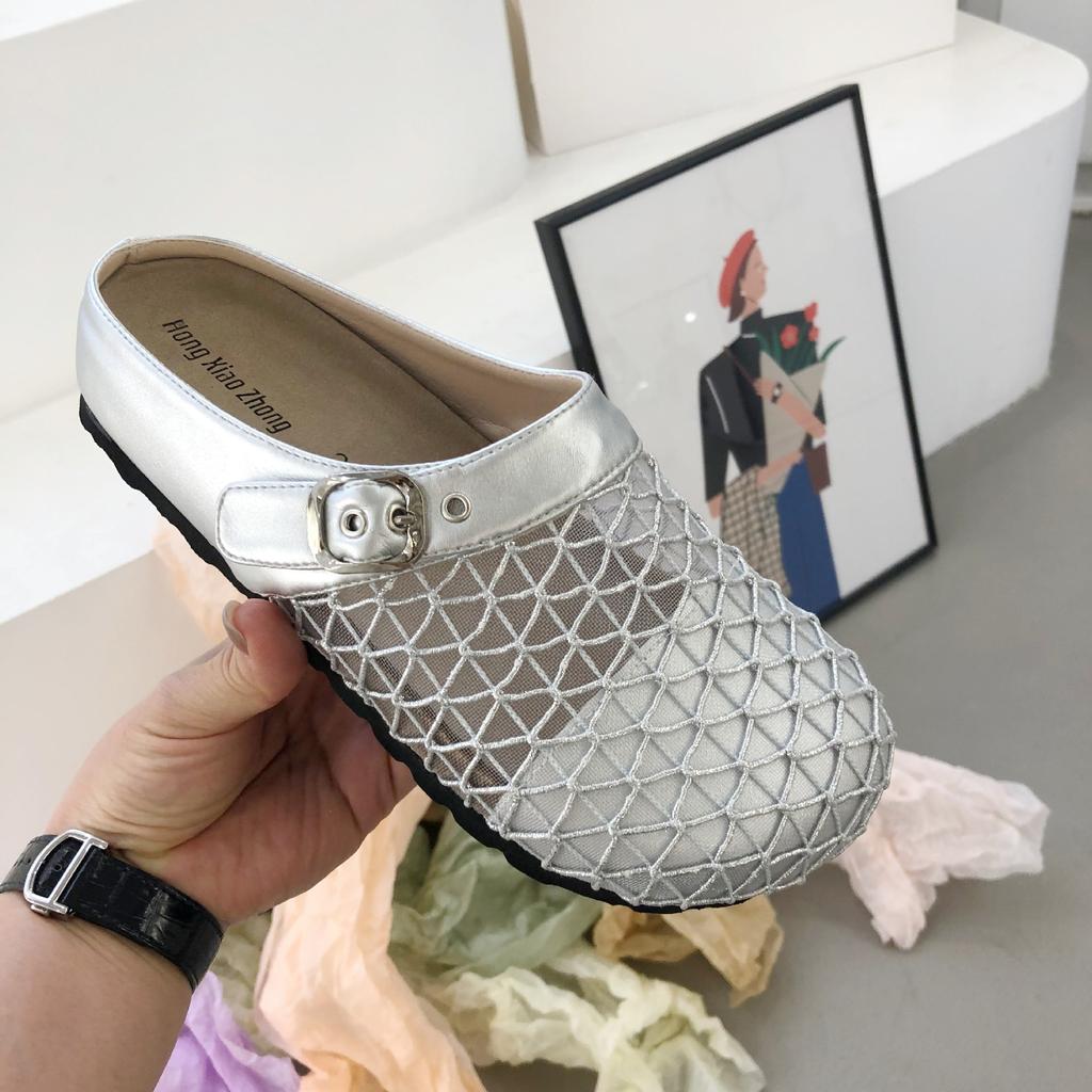 Niche design belt buckle woven hollow bag head half slippers women's outer wear 2025 new thick-bottomed Muller sandals