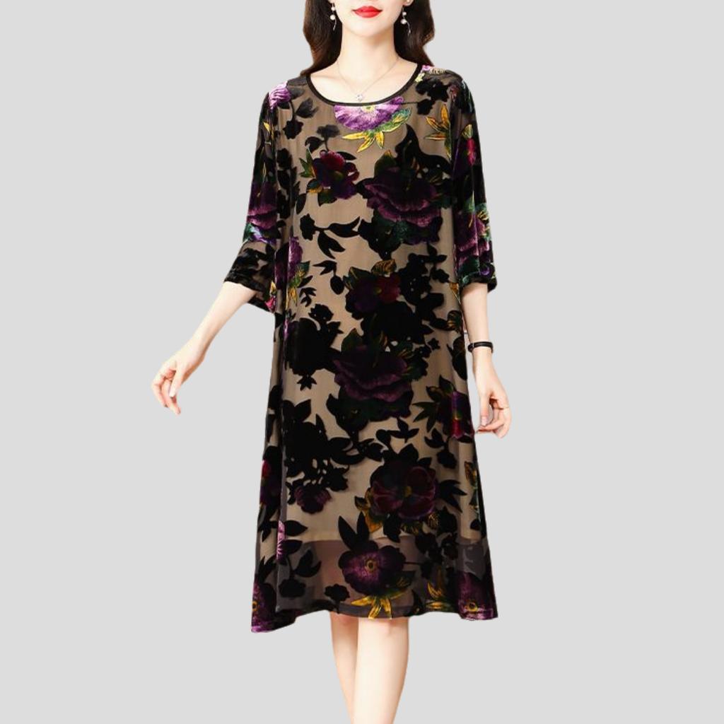 Spring and Summer Women's Plus Size Dress Loose Retro Round Neck Velvet Dress A-Line Long Floral Dress