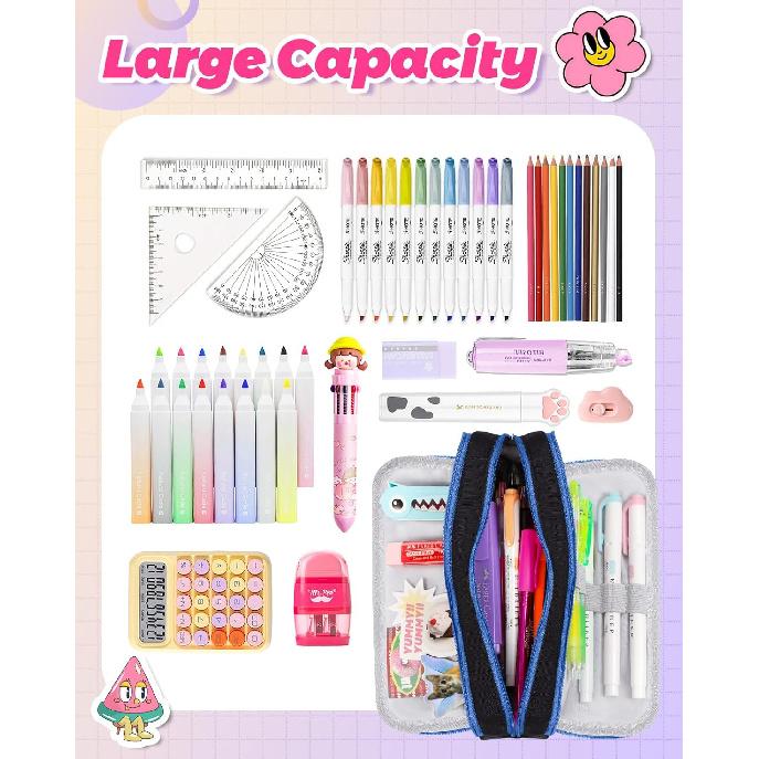 Trendy Fun for Large Pencil Case Big Capacity 3 Compartments Pencil Pouch Cute Cartoon Character Cool Pen Bag with Zipper for Girls Teens Estuche