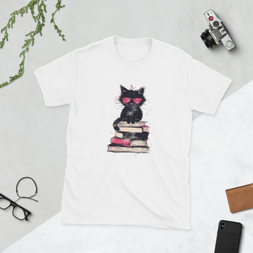 Bookish Cat with Glasses Graphic T-Shirt and kids shirt - Cute Literary Art Tee - Unisex Soft Cotton Top