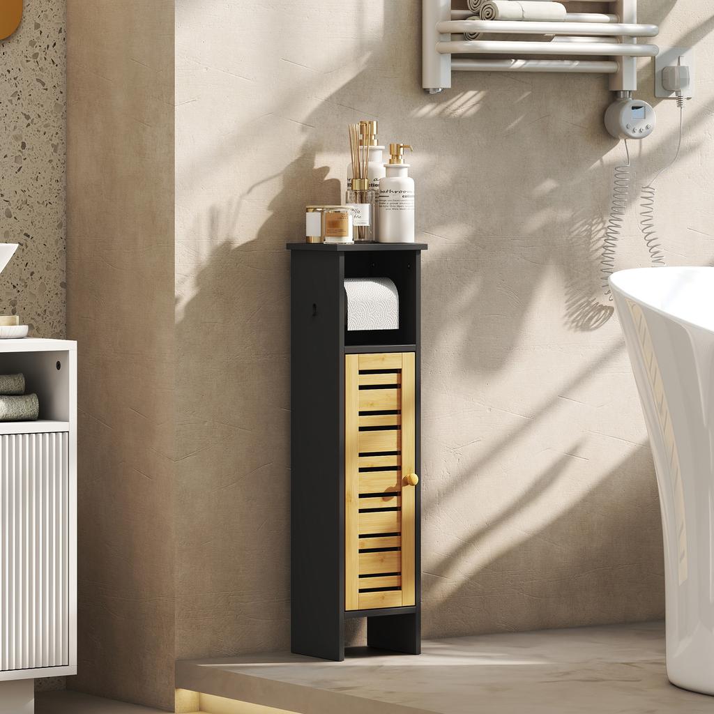 Bathroom Cabinet with Toilet Paper Holder, Removable Bar, 3 Tiers + Dispenser, 78 cm, Black Bamboo