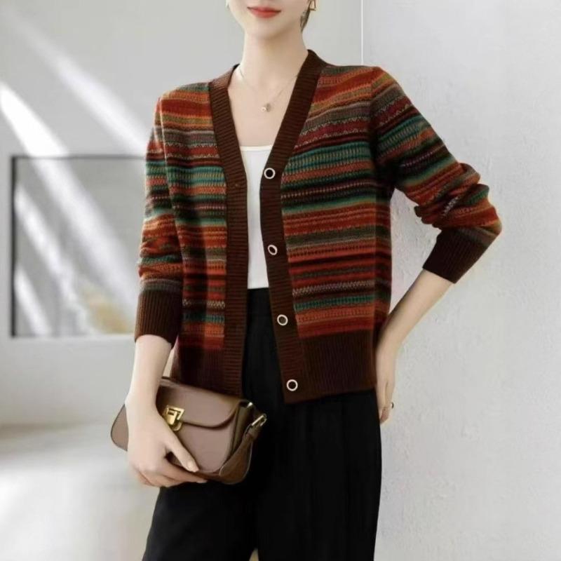 Spring New Word Collar Contrasting Color Buckle Loose Color Bar Fashion Casual Knitted Jacket Cardigan Sweater Women