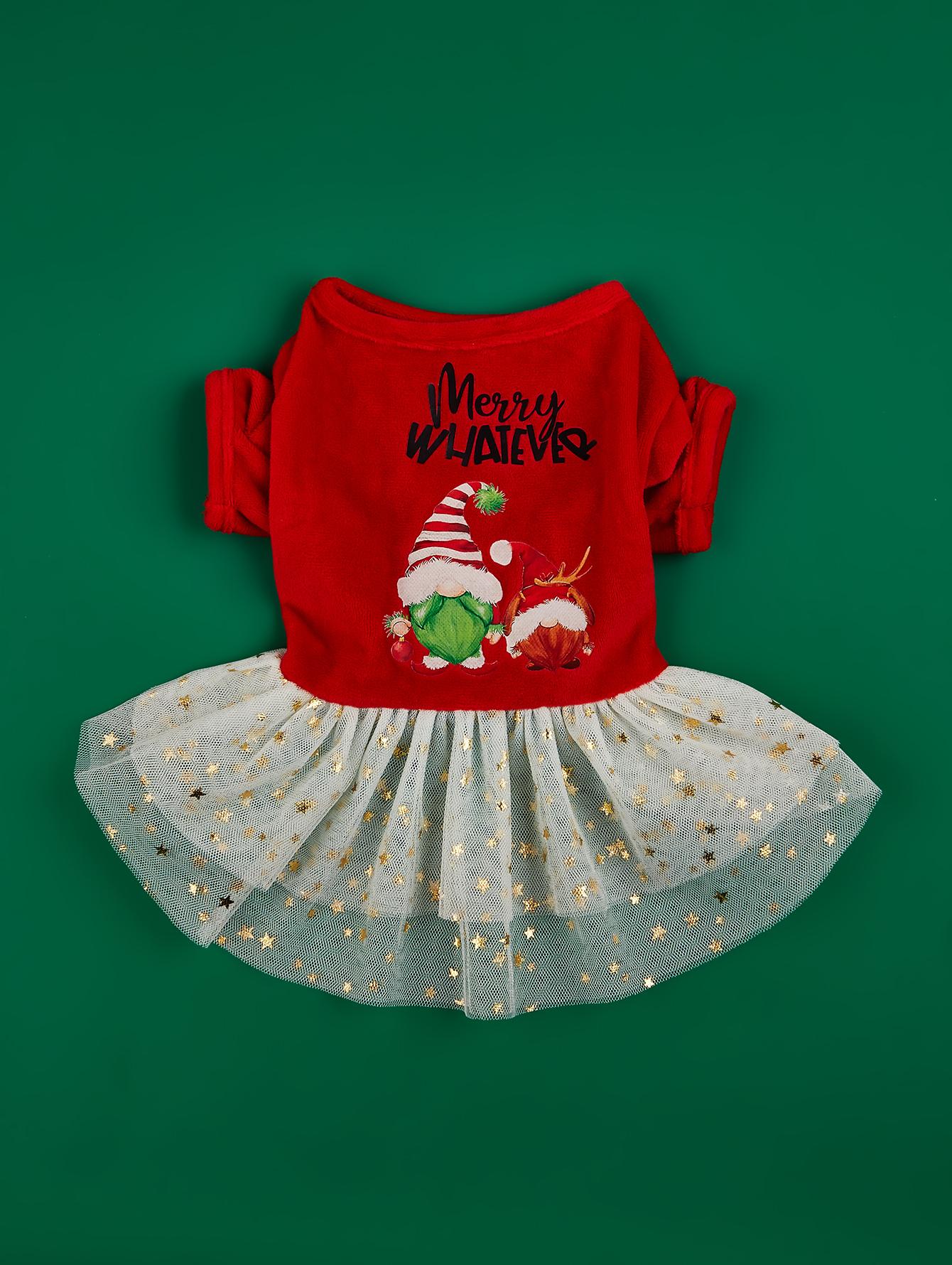 

Dog Merry Christmas Dresses Warm Puppy Clothes with Tulle and Stars Costume Dog Xmas Party Outfit for Dog Cats for Winter Holid S червоний