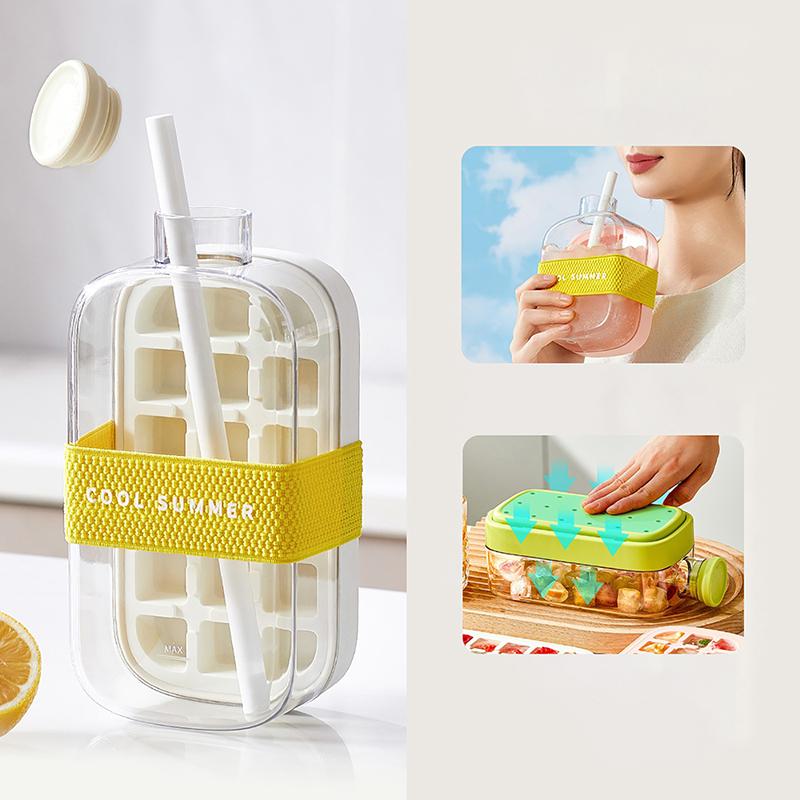 Tavă de Gheață de Vară cu Pai 2 în 1 Tavă de Gheață și Sticlă de Apă pentru Aparat de Gheață Fără Atingere Silicon Cub de Gheață Ceainic Portabil