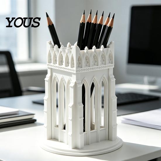 Medieval Style Pencil Holder Gothic Pen Holder, Cathedral Makeup Brush 3D Printed Church Architecture Desk Organizer Organizer, Vanity Storage Cup for
