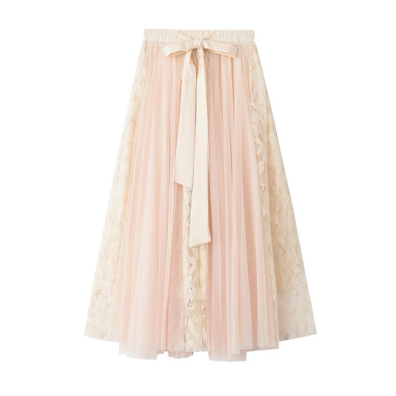 Spring New Style All-match Bow Tie High Waist Lace Embroidered Stitching Mesh Skirt Princess Style Tutu Skirt