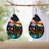 Colorful Fashion Drop Shape PU Leather Earrings for Women Creative Pink Golden Leaf Pattern Drop Earrings