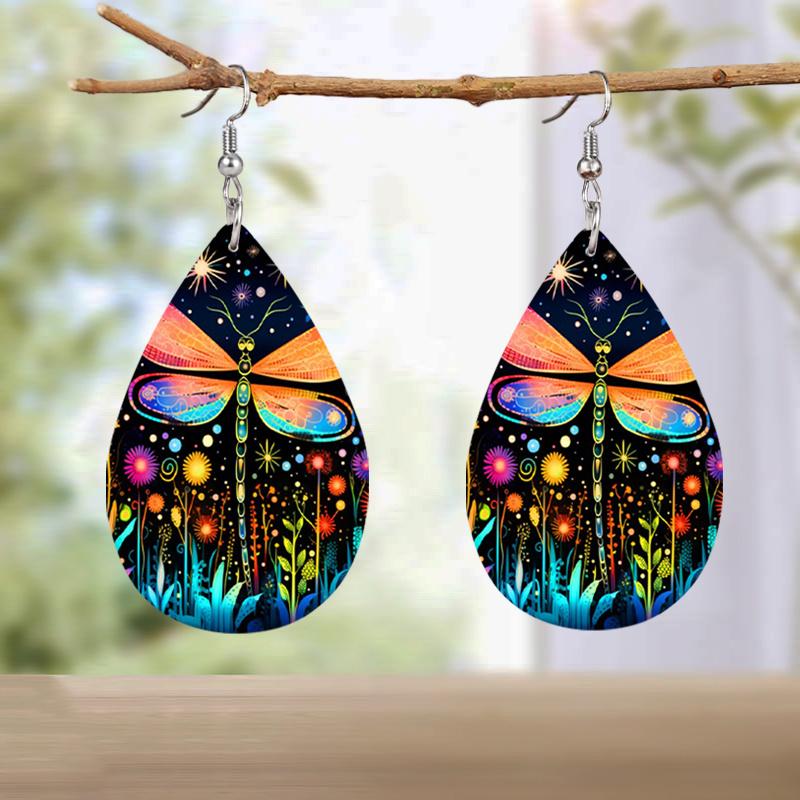Colorful Fashion Drop Shape PU Leather Earrings for Women Creative Pink Golden Leaf Pattern Drop Earrings