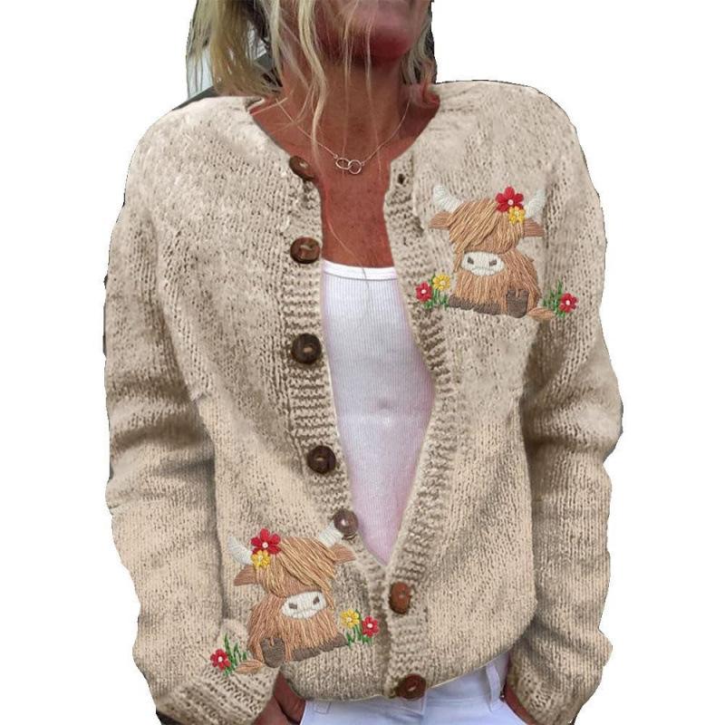 Cardigan Tricot Femme Col Rond Boutonnage Simple Imprimé Floral Manches Longues Vêtement d'Extérieur Décontracté