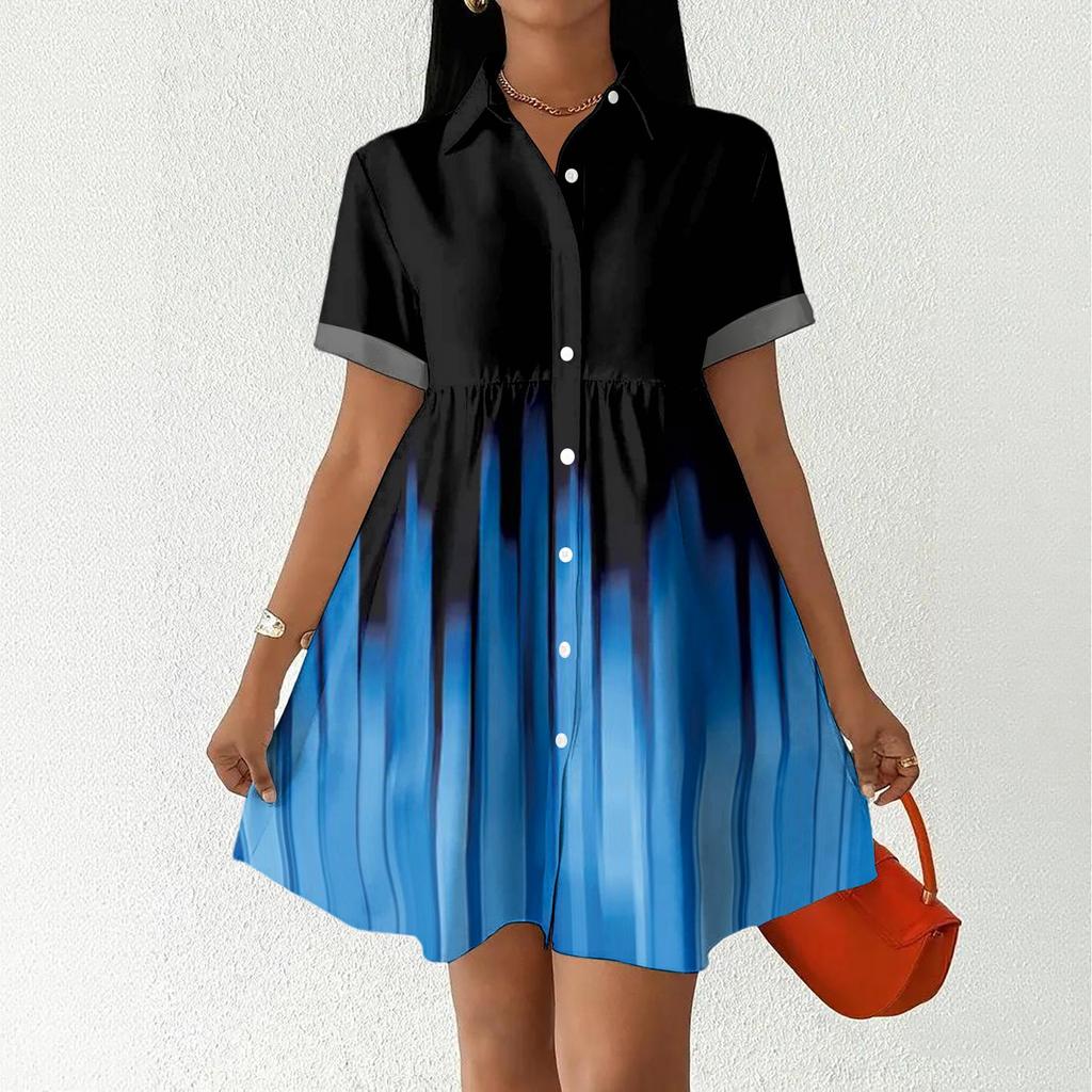 Women’s Casual Loose Fit Button Down Shirt Dress with Stand Collar and Floral Print Short Sleeve Design for Daily Wear