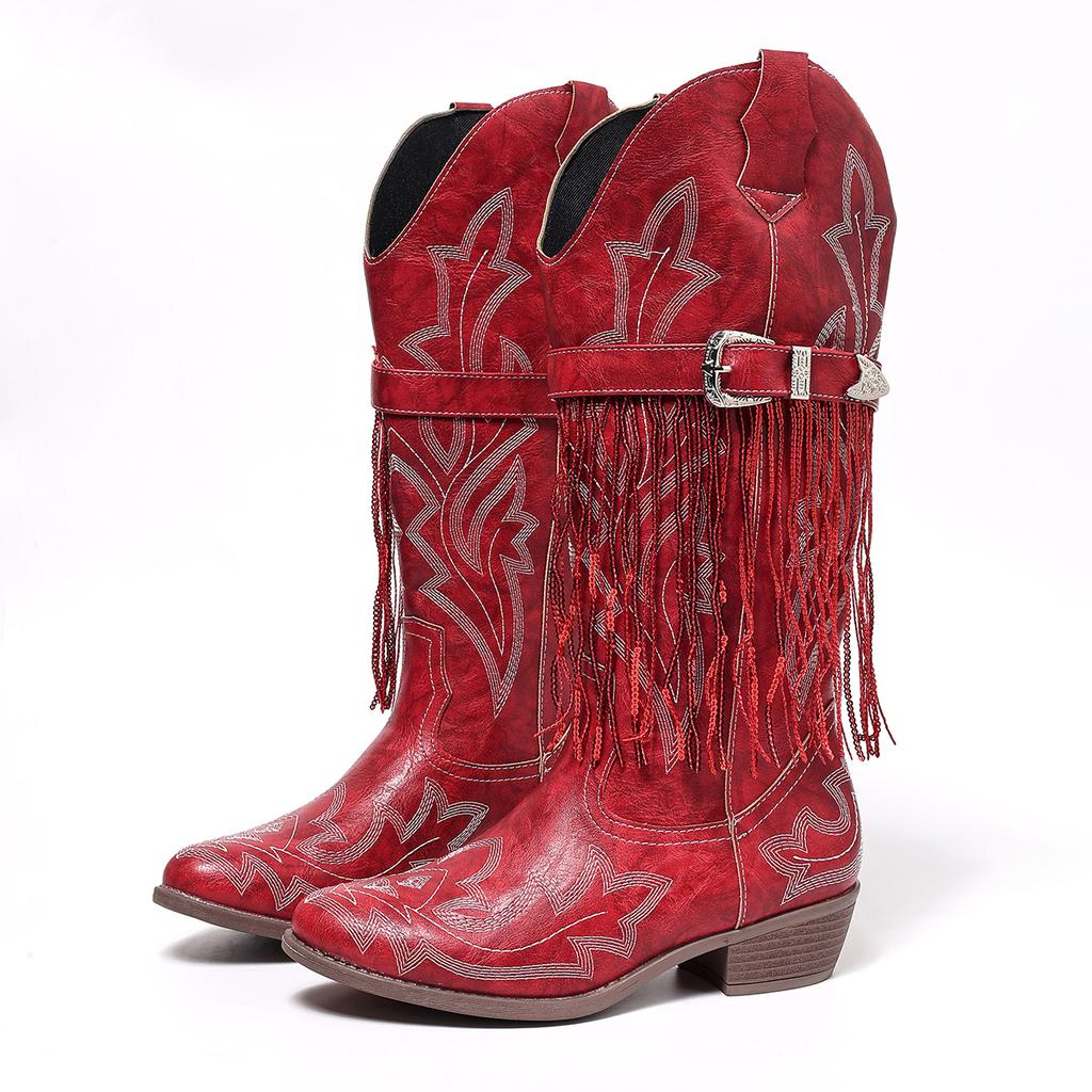 Autumn 2025 Embroidered buckle tassel western comfortable stylish versatile vacation cowboy boots for women