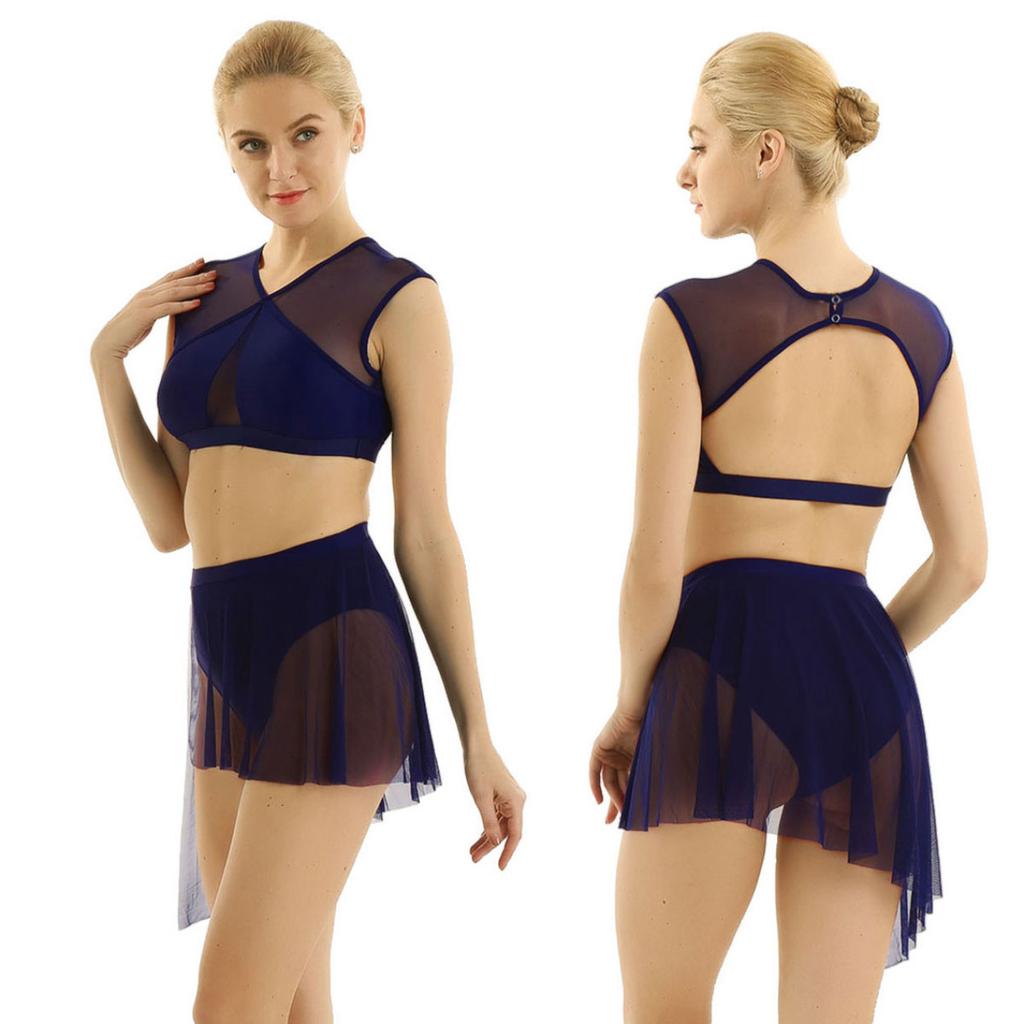 Tanzkleid für Damen, asymmetrisches Mesh-Ballett, lateinamerikanische Tanz-Outfits, überkreuzte Crop-Tops und kurzer Rock