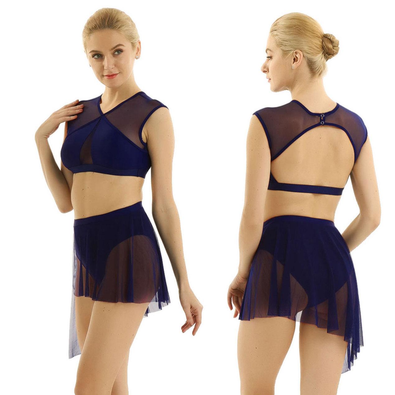 

Жіноча танцювальна сукня з асиметричною сіткою для балетних латиноамериканських танців, хрестоподібні укорочені топи та коротка спідниця L