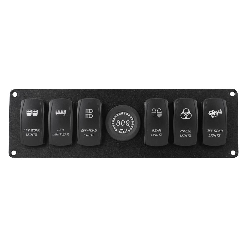 12V-24V 6 Gang Blue LED Rocker Switch Panel with Alarm Voltmeter for Car RV Boat Yacht Marine