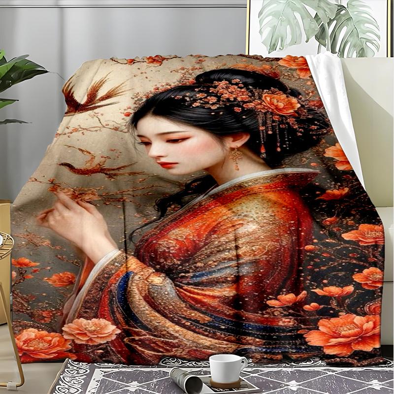 Japanese Kimono Sakura Fleece Blanket, Geisha Throw