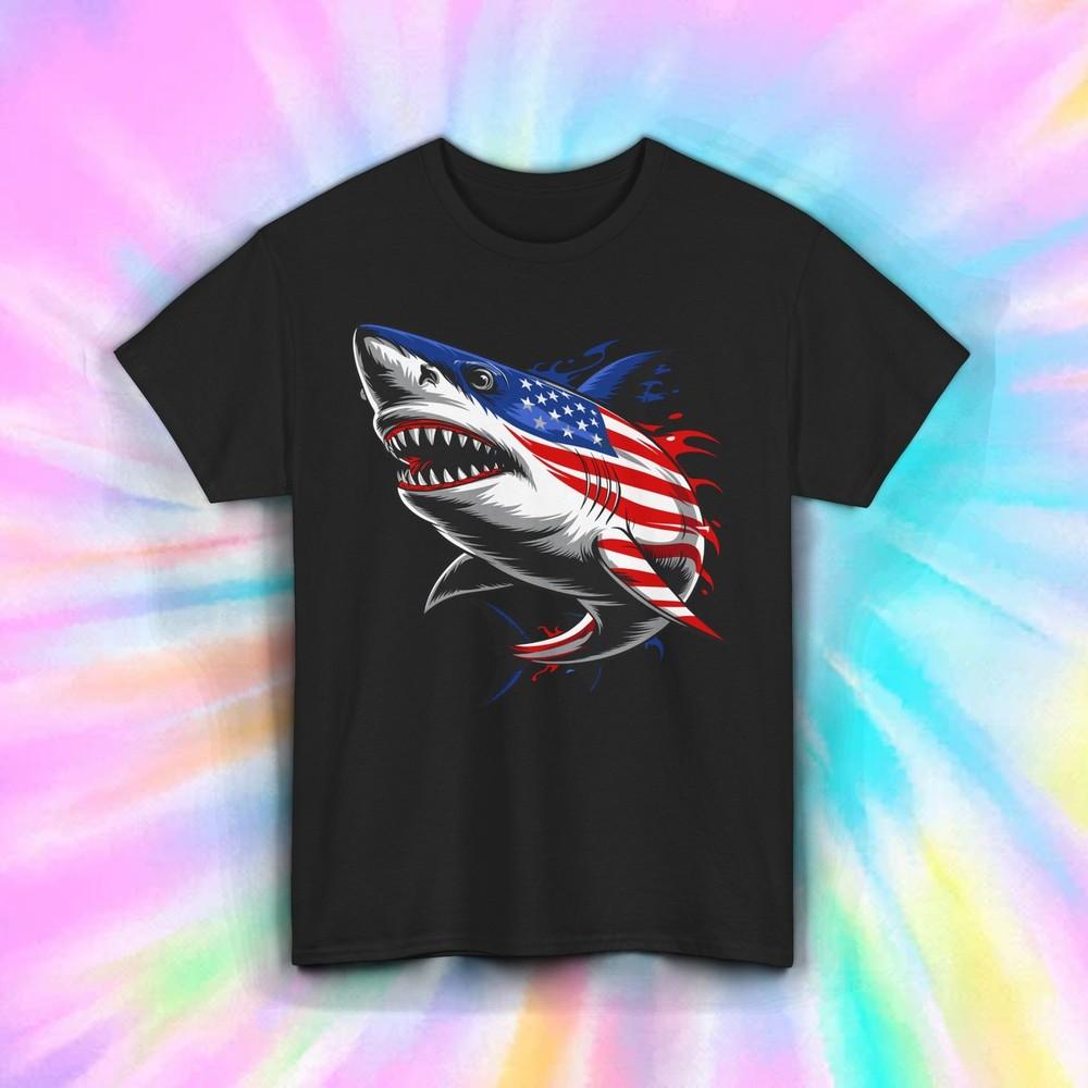 

American Flag Shark Shirt Patriotic 4th of July Ocean Predator USA Tee S-5XL L