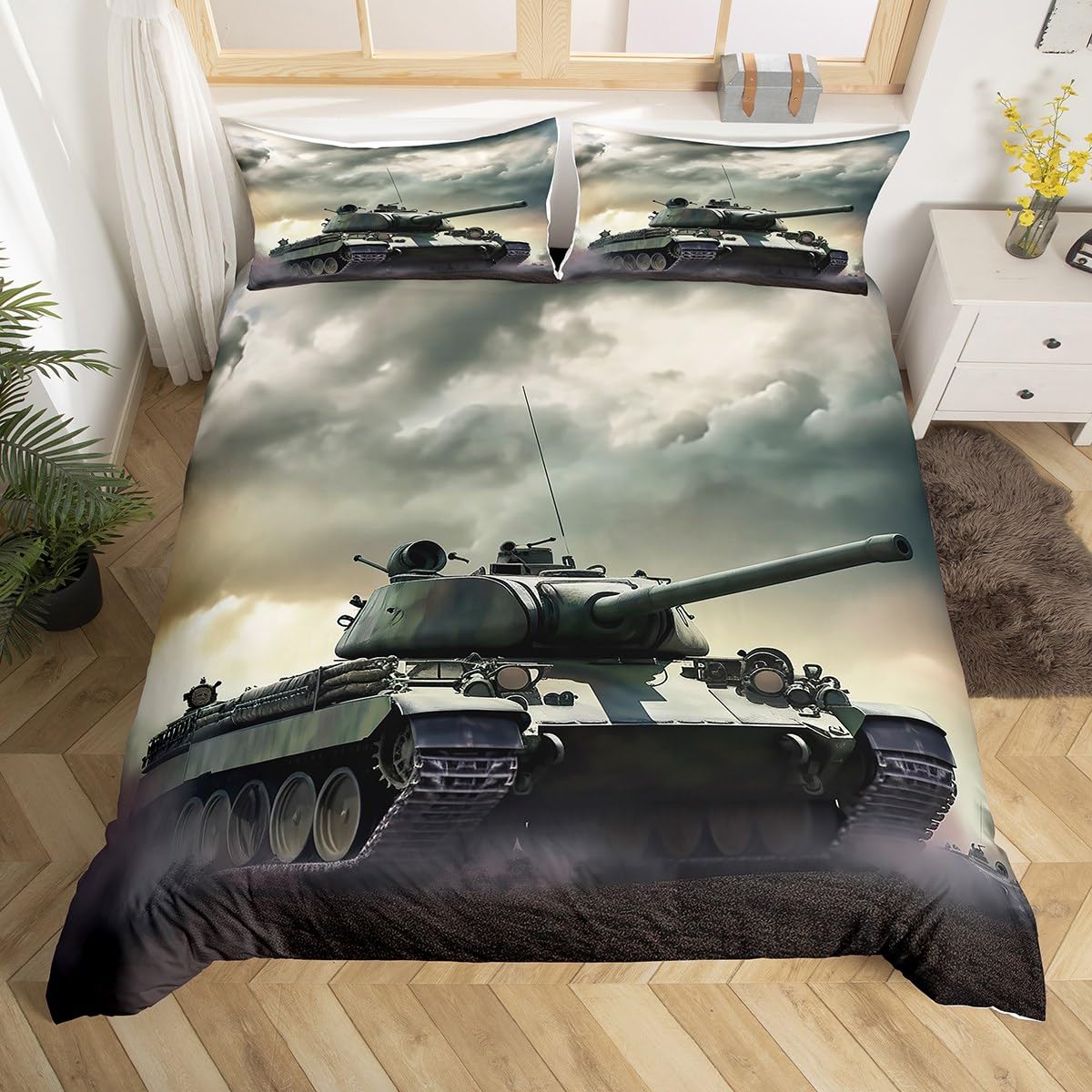 

War Theme US America Army Tank Gun 3D Printed Bedding Set Cozy Duvet Cover King Queen Twin Size Birthday Gift Boy Kid Room Decor EU Single 135x200cm