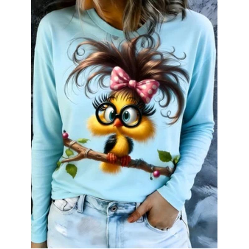 Fun bird print short-sleeved T-shirt for women, loose round neck design, casual age-reducing women's summer wear