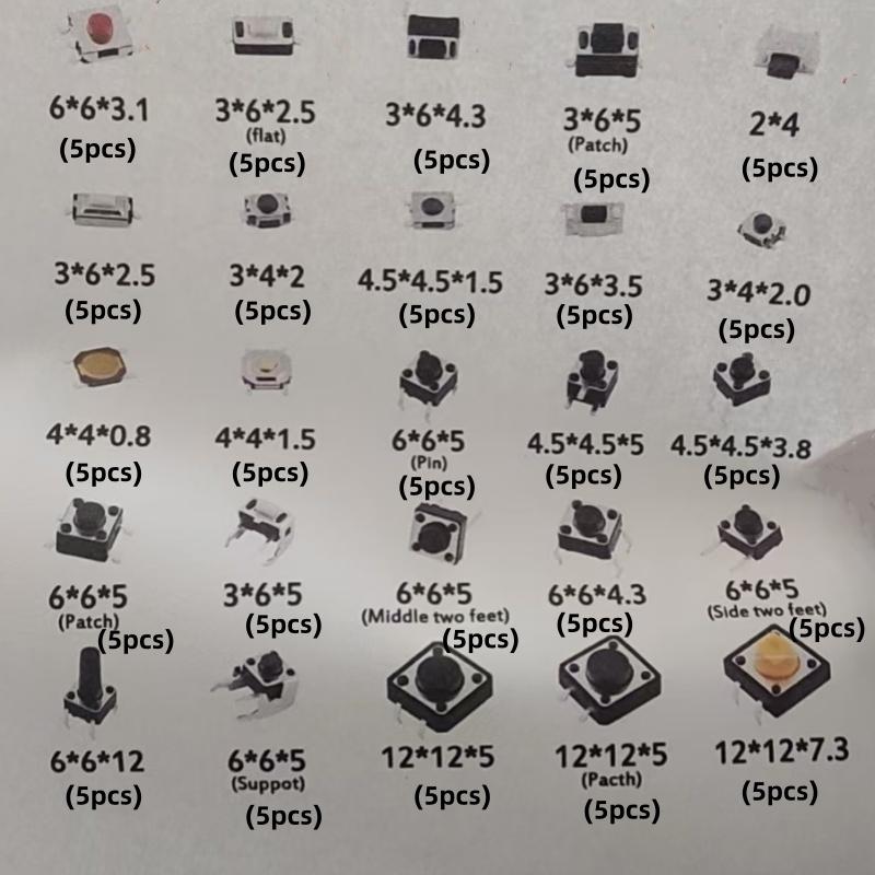 125Pcs 25 Types Micro Tact Push Button Switch Assorted Kit SMD DIP 2*4 3*6 4*4 6*6 12*12 Reset Mini Leaf Switches for Arduin