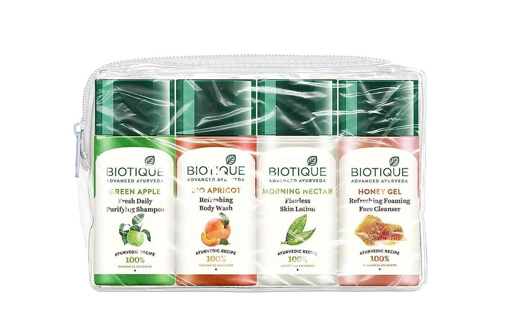 Biotique Travel Kit | Includes Green Apple, Bio Apricot, Morning Nectar & Honey Gel | Mini Skincare & Haircare Essentials for Travel | Enriched Wit