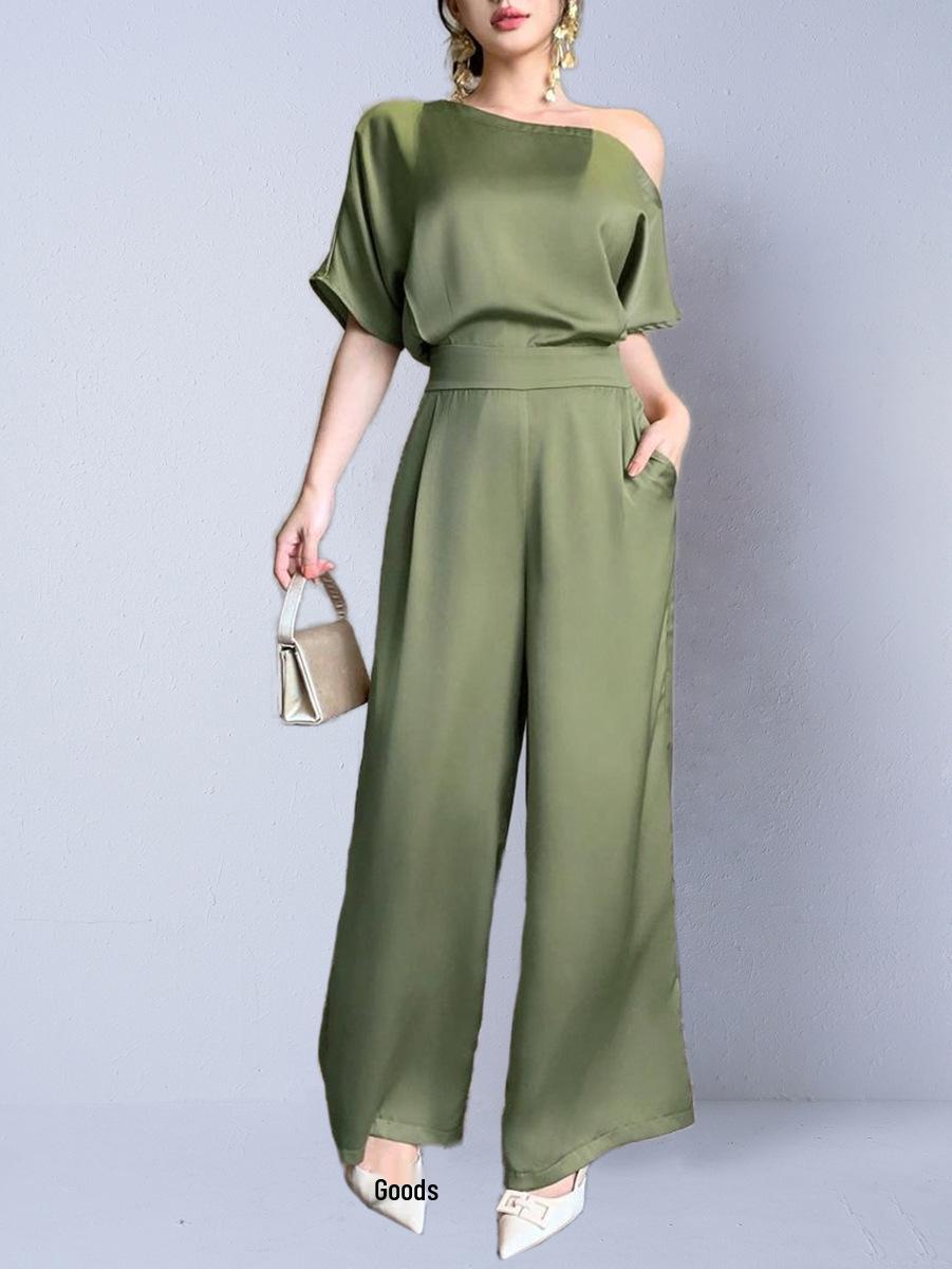 Европейский и американский элегантный асимметричный женский комбинезон из имитации шелка XL зелёный