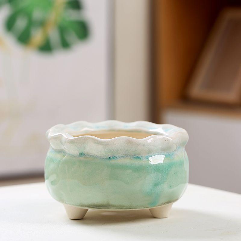 Ceramic Succulent Flower Pot with Ice Crack Glaze, Creative Design, Breathable with Drainage Holes.