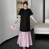 DIMANAF 2026 Summer New Plus Size Women Black Pink Color Short Sleeve Loose Shirt Dress Fashion Lady Long Dress