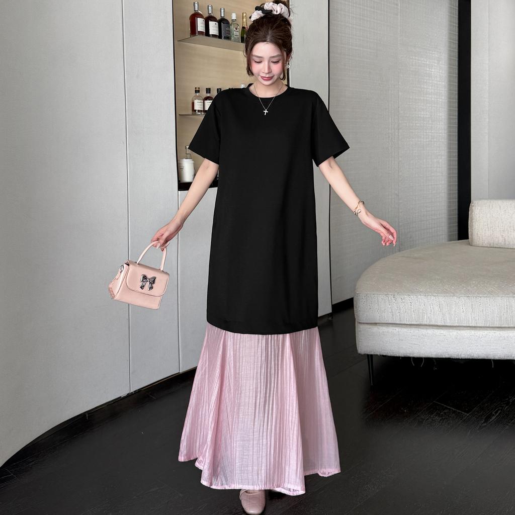 DIMANAF 2026 Summer New Plus Size Women Black Pink Color Short Sleeve Loose Shirt Dress Fashion Lady Long Dress