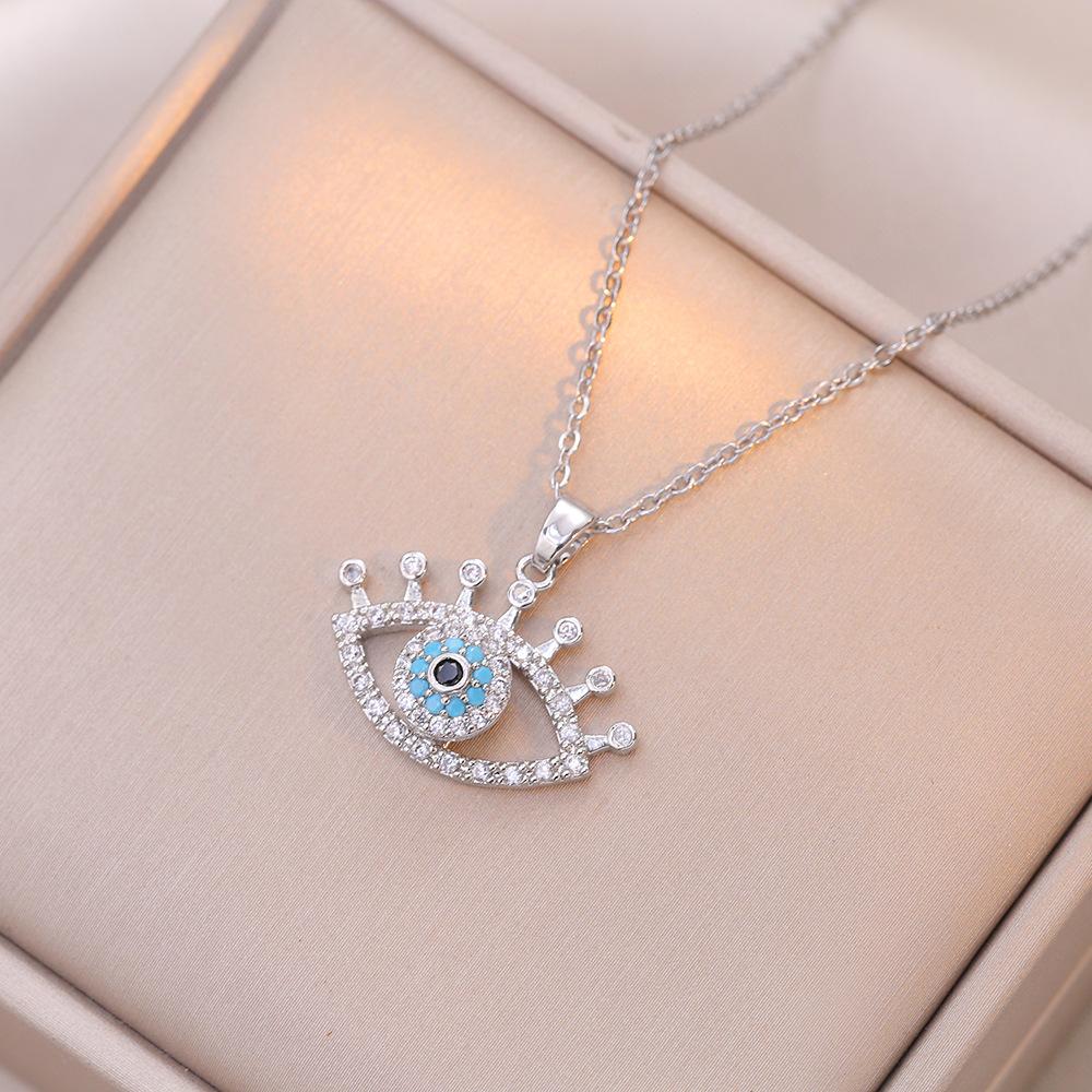 Cute Female Crystal White Blue Zircon Stone Eye Pendant Necklace Vintage Gold Silver Color Wedding Jewelry For Women