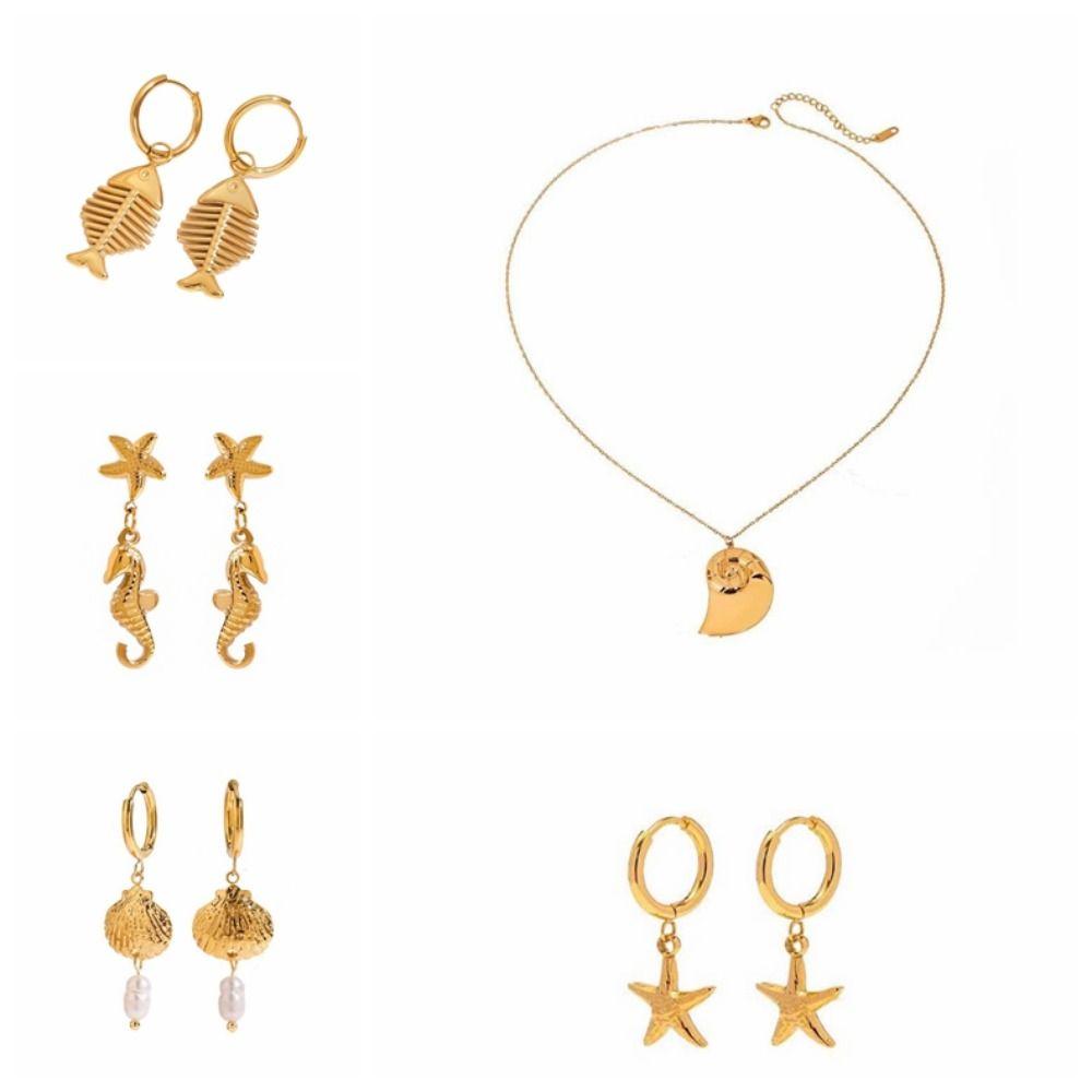 DIY Golden Fish Earrings Starfish 3D Metal Scallop Necklace Stainless Steel Waterproof Koi Seahorse Eardrops Accessories