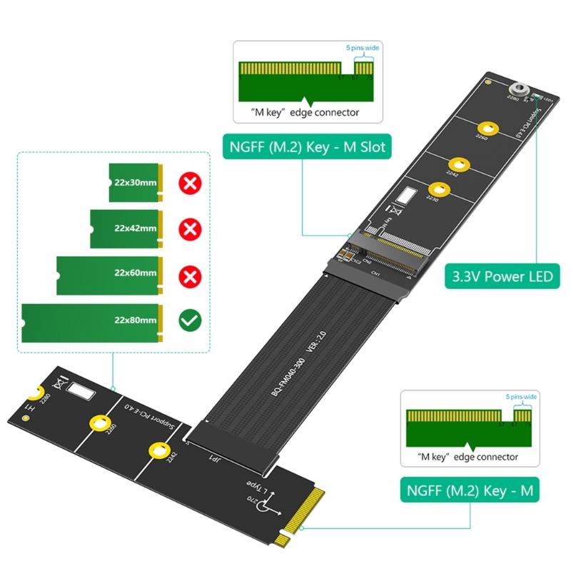 Flexible M.2 PCIE4.0 Adapter Cable 30CM Supports Double Protocols Solid Disks 2230-2280 Sizes for Multiple Systems