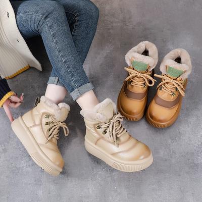 Fleece verdickte große Baumwoll-Schneestiefel Damen Winter warm kurze Stiefel Leder dicksohlige Fell integrierte Baumwollschuhe