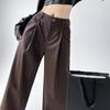 Women Spring Pants High Waist Wide-Leg Imitation Leather Trousers with Pockets Solid