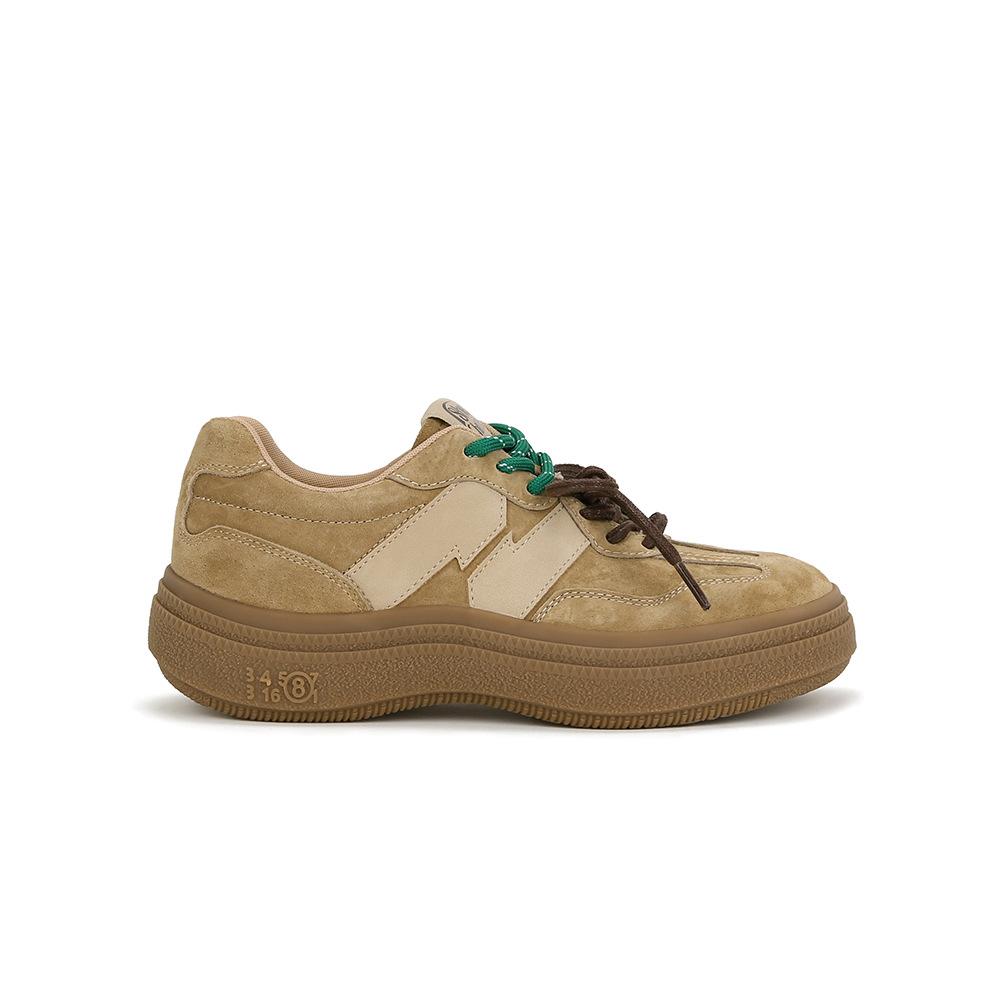 Double Shoelace Color Matching Round Head Platform Leather Training Shoes Women's Spring and Autumn New Red Casual Forrest Gump Sports Shoes