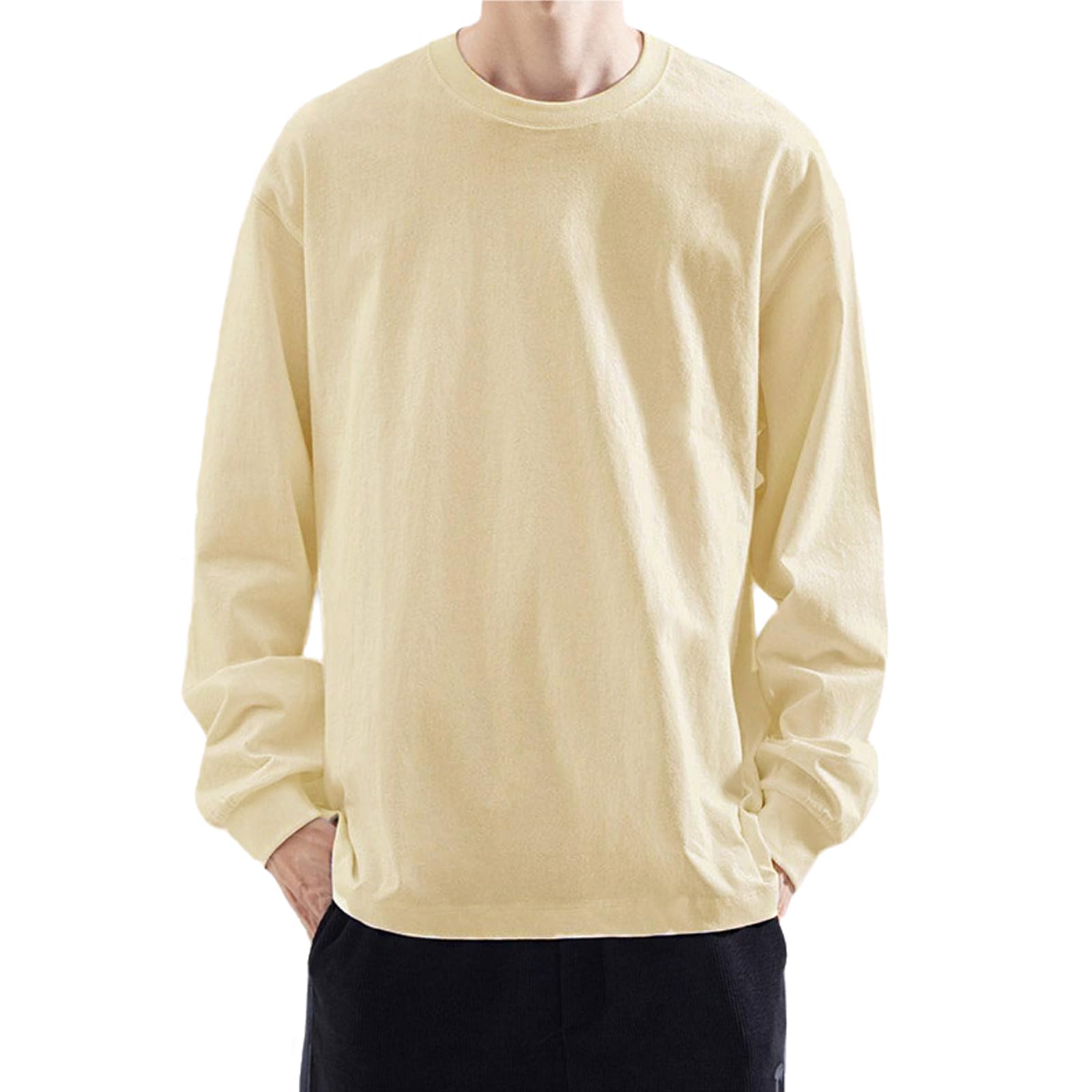 

Мужская футболка с длинным рукавом, длинная, большого размера, свободного кроя и с круглым вырезом, влагоотводящая, осенняя [Ailiyumo], 100% хлопок, футболка, размер, посадка, сшитая, горловина, однотонная, простая,