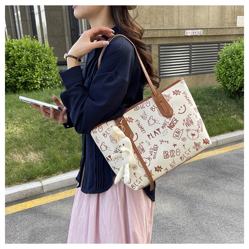 Contrasting color big bag women's spring summer new cute cartoon printed shoulder bag versatile trendy tote bag