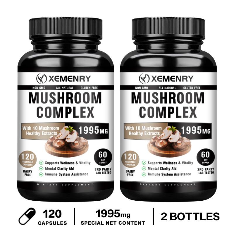 XEMENRY capsules containing 10 kinds of complex mushroom extracts, 1995mg, for immune health, suitable for adults.