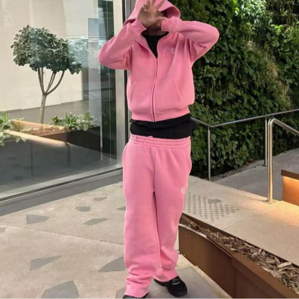 FlowStreet Embroidered Casual Zipper Hoodie Sweatpants Two-piece Set Y2K Clothing Men's Hip-hop Oversized Sweatpants Casual Pants