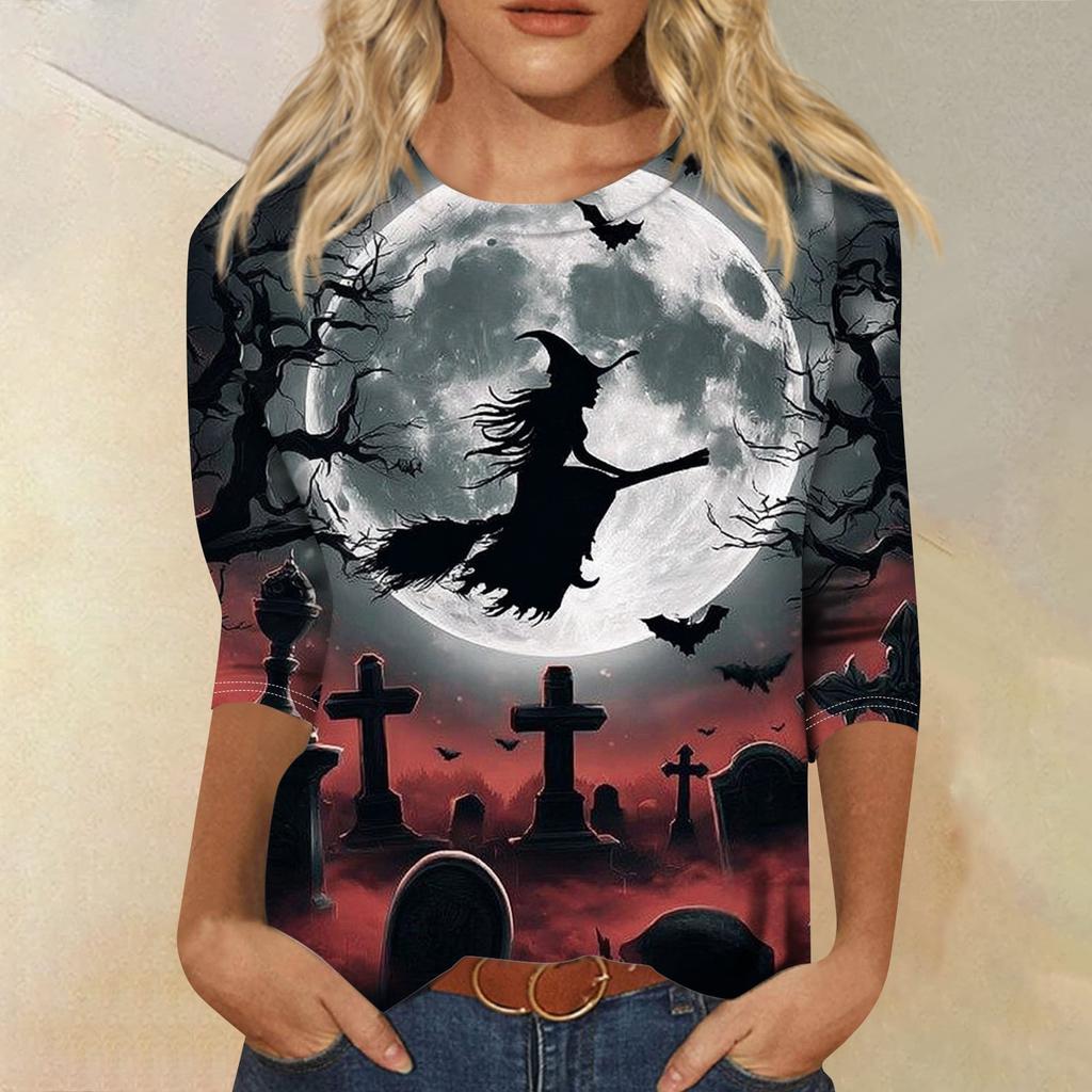 Women's Fashion Casual Round Neck Three-quarter Sleeve Halloween Printed T-shirt Top