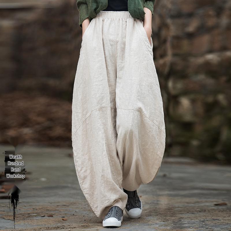 Damen Frühling Baumwolle-Leinen Locker Geschnitten Ramie Laternenhose