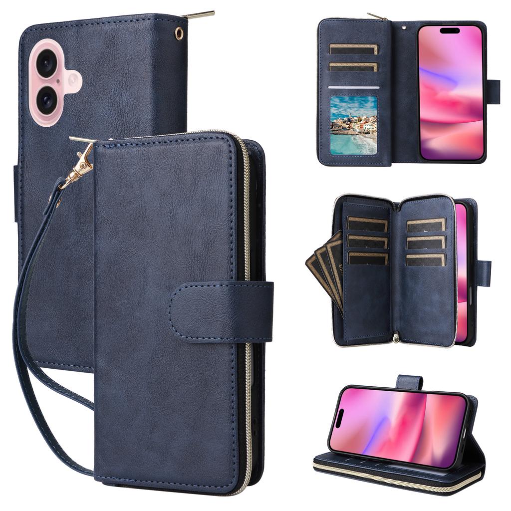 For iPhone 17 Case Zipper Pocket 9 Card Slots PU Leather Phone Cover with Hand Strap