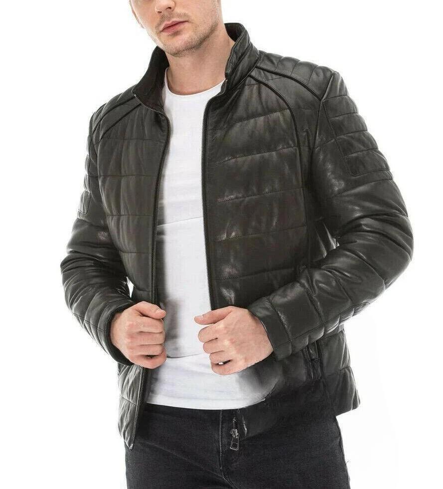 Stylish Men's Genuine Lambskin Leather Jacket Puffer Black Full Quilted Zipper