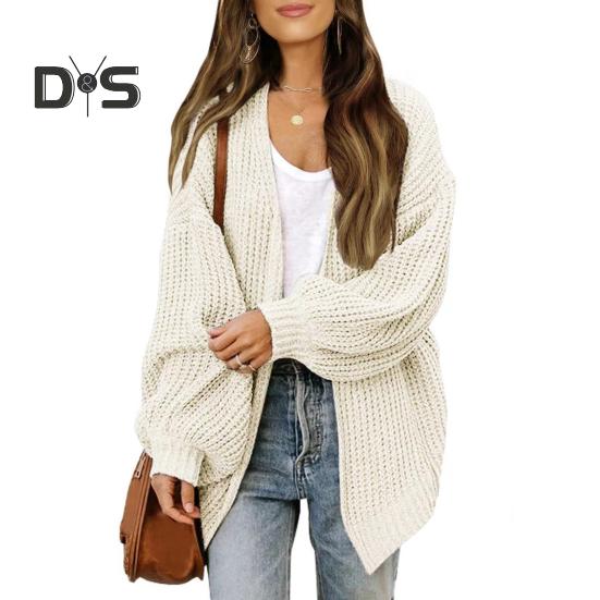

Осень-зима Женский однотонный кардиган свитер-фонарик с длинным рукавом и открытым передом Вязаное пальто средней длины Трикотаж Верхняя одежда белый
