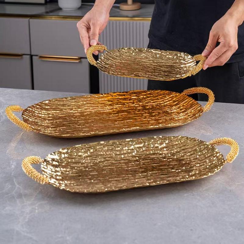 European Fruit Tray, Household Metal Bark Texture Shape Exquisite Handle Cake Plate,Gold Snack Plate Wedding Decoration,20inch