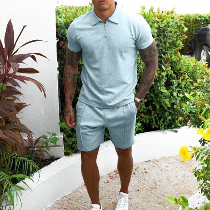 New Men s Short-sleeved Shorts Casual Suit Slim Men s Two-piece Fashion Solid Colour POLO Shirt Body Suit S