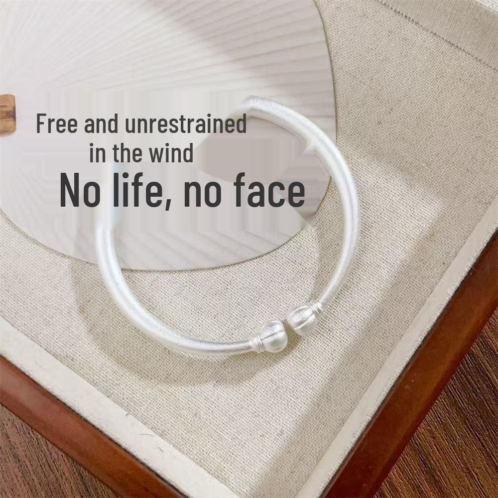 Sterling Silver Frosted Pumpkin Bracelet - Women's Open Bangle, Pure Silver, Chinese Style, Simple Mother's Gift
