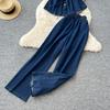 Vintage Spice Girl Style Denim Suit Women's Summer Drawstring Polo Neck Shirt Top Elastic Waist Wide Leg Slim Pants