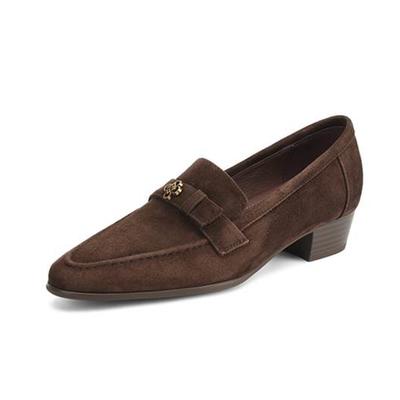 Sheep Suede Autumn Winter Shoes Metal Decoration Loafers Med Heels Slip On Size 42 Round Toe Slip On Deep Mouth Pumps